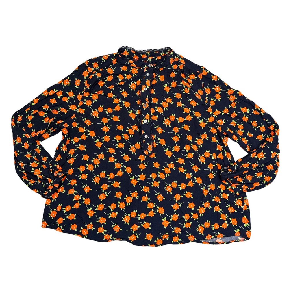 J.Crew Band Collar Lace Trim Blouse Top Womens XXL Navy Orange Floral Whimsigoth